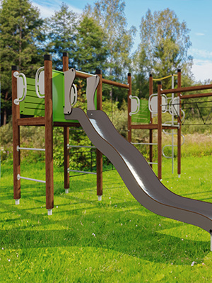 A rendered image of a green playground unit with a slide and wooden posts.